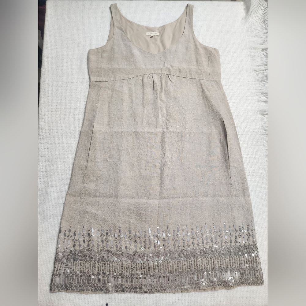 EILEEN FISHER  Beige Organic Linen Sequined Tank Dress Size 4